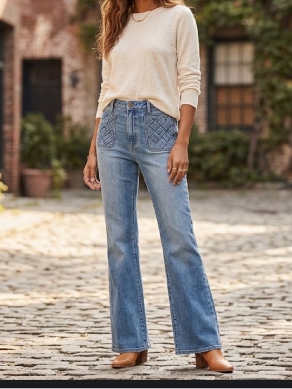 Sam Edelman Bay High Rise Flare Trouser Jeans Woven Basketweave Pocket 31